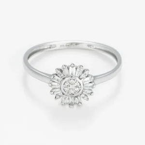 Réduction Bague Or Blanc 375/1000 Soleil Diamant 0,15/27