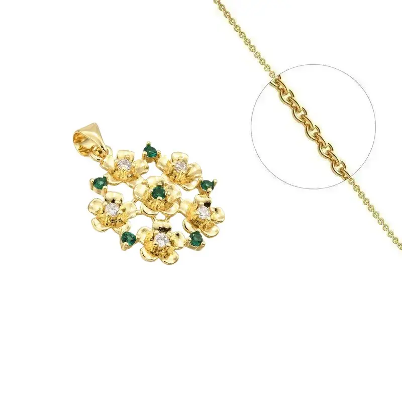 Collier doré chaîne et pendentif multitude de fleurs verte orné de zirconiums sertis Meilleur Prix