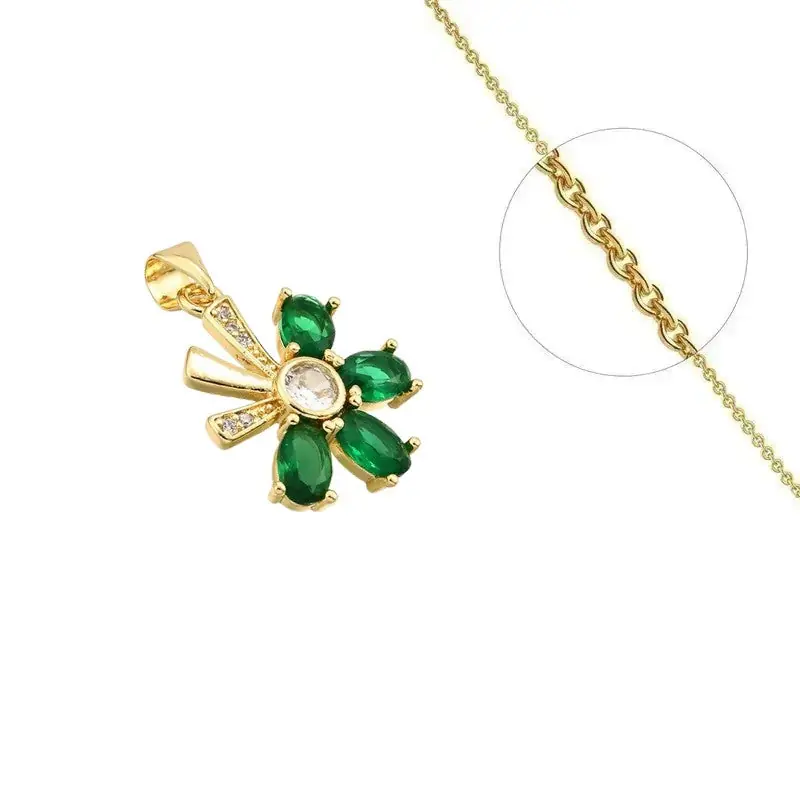 Collier doré chaîne et pendentif fleur verte orné de zirconiums sertis Paiement Sécurisé