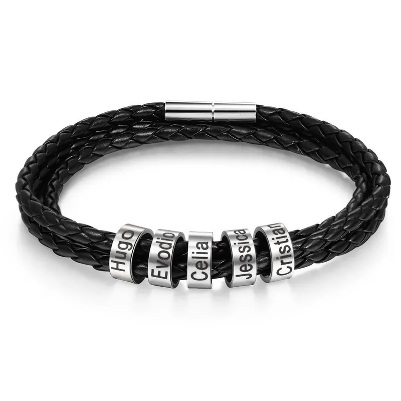 Livraison Express Bracelet Cuir tressé Bracelet Prénom PersonnaliséAvec 5 Perles pour Homme|Jessemade