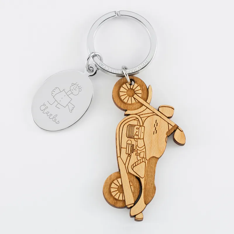 Top Vente Porte clé personnalisé médaille gravée ovale acier et breloque bois moto