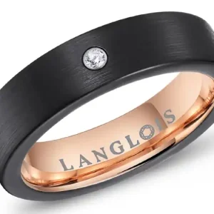 Remise Jonc Perfecto 5mm noir satiné avec zircon et intérieur rose gold poli en tungstène pour femme