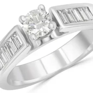 Garantie Incluse Bague Klara diamant canadien solitaire .34ct et pavé de baguettes or blanc 18k pour femme