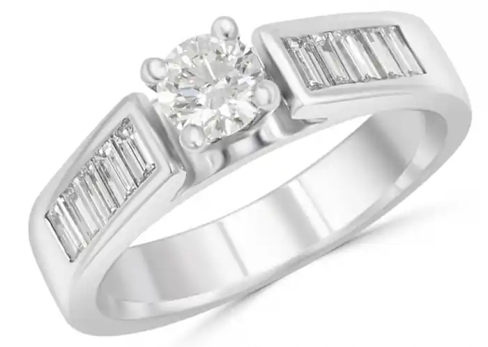 Garantie Incluse Bague Klara diamant canadien solitaire .34ct et pavé de baguettes or blanc 18k pour femme