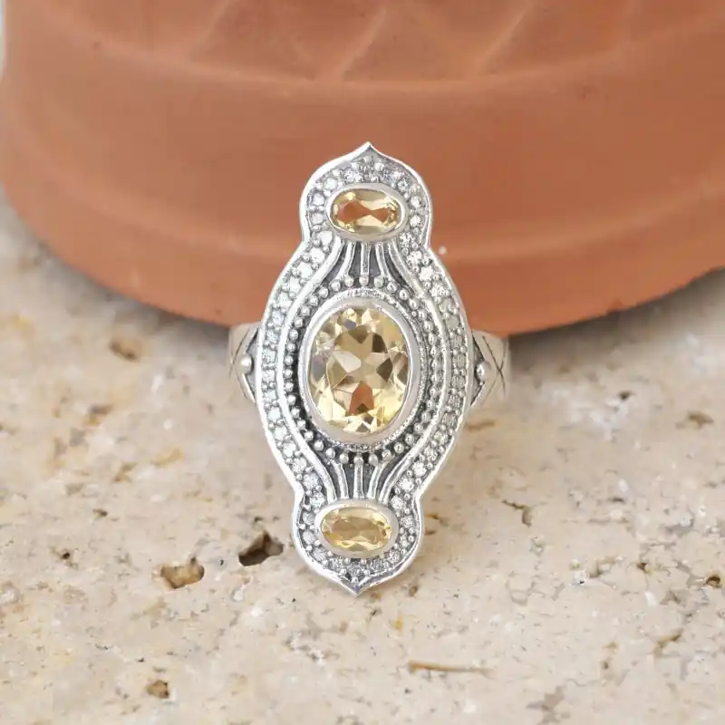 Retour Gratuit Bague longue argent travaille et 3 pierres en Citrine T60