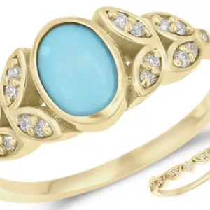 Vente Flash Set d'alliance Nobilis design feuille turquoise cabochon et diamants en or jaune 10k pour femme
