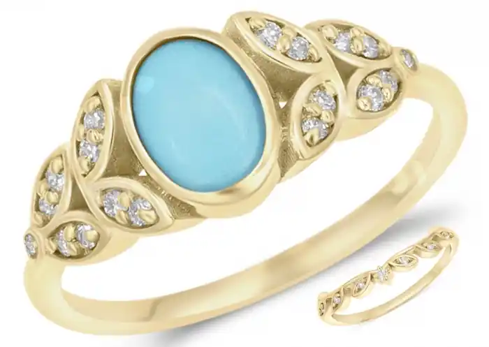 Vente Flash Set d'alliance Nobilis design feuille turquoise cabochon et diamants en or jaune 10k pour femme