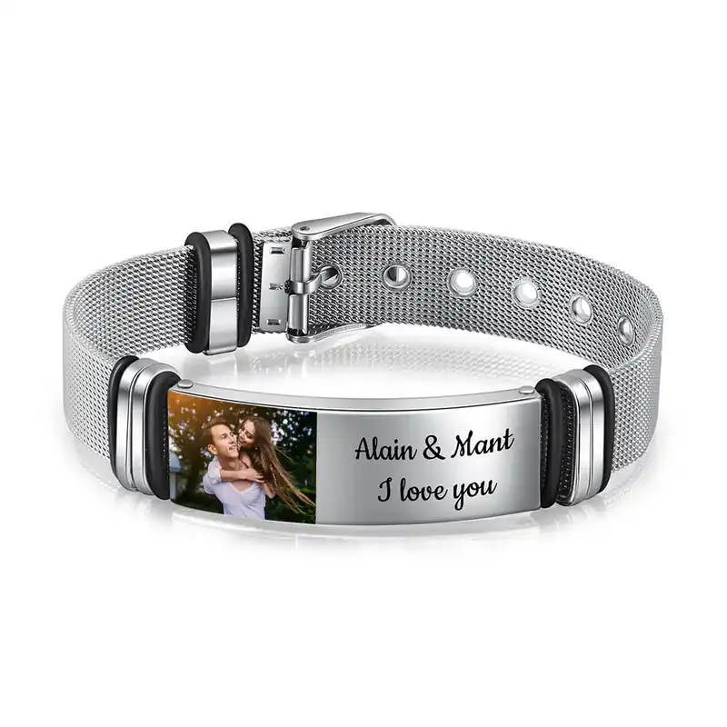 Soldes Bracelet 2 Prénoms Personnalisé texte avec photo cadeau anniversaire homme | Jessemade