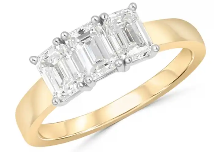 Premium Bague Nansen trinité diamants de laboratoire taille émeraude en or jaune et blanc 14k pour femme