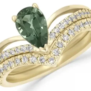 Marque Set Valorise Grande chevron tourmaline verte taille poire et diamants d'accenten or jaune 14k pour femme