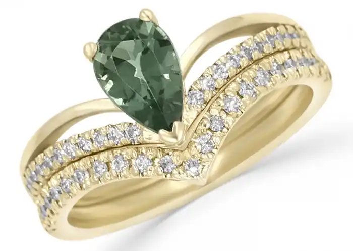 Marque Set Valorise Grande chevron tourmaline verte taille poire et diamants d'accenten or jaune 14k pour femme
