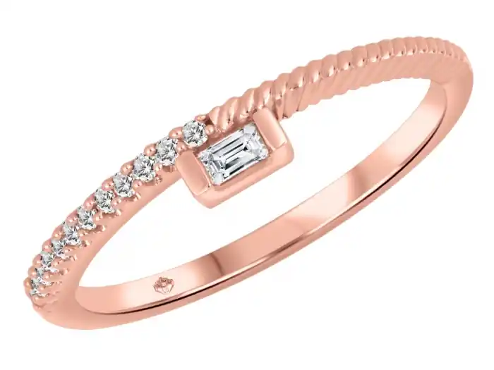 Gros Lot Bague Tiya diamant baguette solitaire pavé au design corde en or rose 10k pour femme
