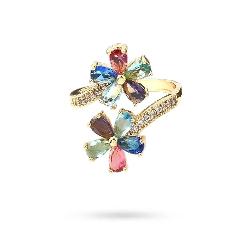 Bague femme réglable double fleur avec zirconiums couleurs sertis Exclusif