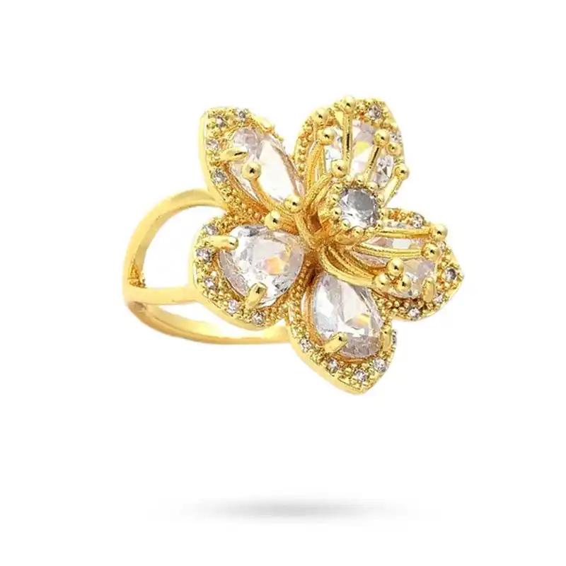Meilleur Prix Bague femme réglable grosse fleur avec zirconiums sertis