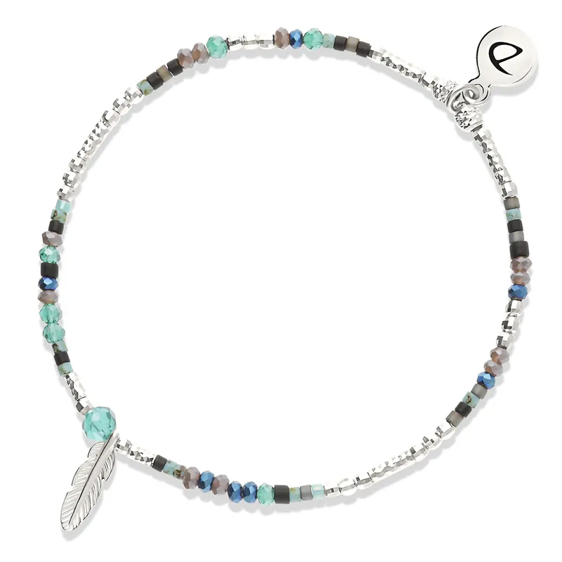 Promotion Bracelet Élastique Argent 925 Noir Turquoise Plume Merida