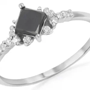 Acheter Direct Bague Anakin diamant noir taille princesse parsemé de diamants en or blanc 14k pour femme