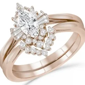 Prix Choc Set d'alliances Pavlova diamant de laboratoire taille marquise et halo baguette en or rose 14k