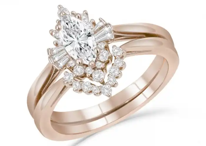 Prix Choc Set d'alliances Pavlova diamant de laboratoire taille marquise et halo baguette en or rose 14k