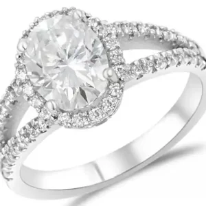 Certifié Bague Violine moissonite ovale et halo de diamants en or blanc 10K pour femme