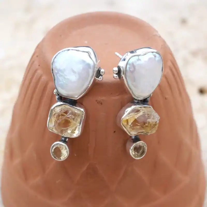 Retour Gratuit Boucles d'oreilles clous massives argent Perle et Citrines