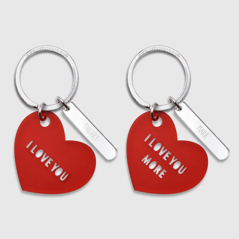 Produit De Marque Duo de porte-clés personnalisés médailles coeur acrylique rouge et breloques miroir gravées 40x8 mm