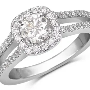 Produit De Marque Bague Esmée diamant demi-carat canadien en halo et épaulements double en or blanc 14k pour femme