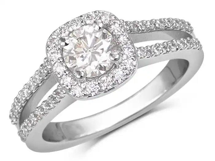 Produit De Marque Bague Esmée diamant demi-carat canadien en halo et épaulements double en or blanc 14k pour femme