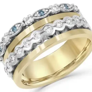 Jonc Calicia semi-éternité quatre rangs diamants bleus et blancs en or jaune et blanc 14k pour femme Soldes