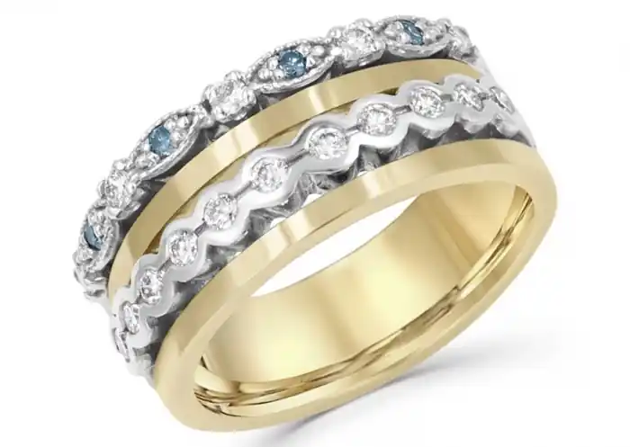 Jonc Calicia semi-éternité quatre rangs diamants bleus et blancs en or jaune et blanc 14k pour femme Soldes
