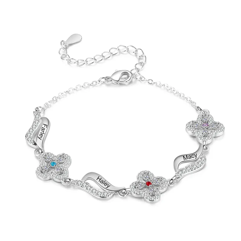 Bracelet Fleurs 3 Prénoms Personnalisés avec 3 Pierres de Naissance pour Femme | Jessemade Must-Have