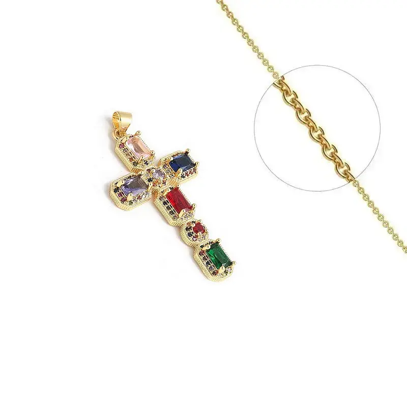 Expédition Rapide Collier doré chaîne et pendentif croix zirconiums couleurs sertis