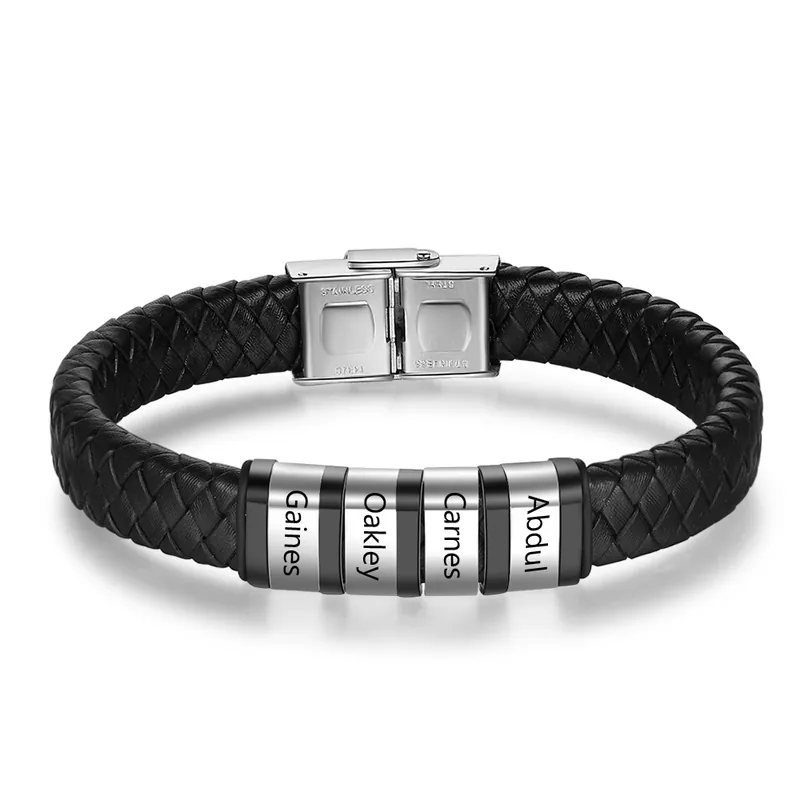 Fait Main Bracelet Cuir tressé Prénom Personnalisé Bracelet Homme Avec 4 Perles