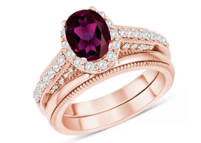Populaire Set d'alliances Séville grenat rhodolite ovale et diamants avec millegrain vintage en or rose 14k pour femme