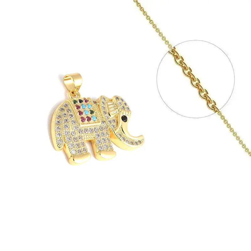 Prix Choc Collier doré chaîne et pendentif éléphant zirconiums couleurs sertis