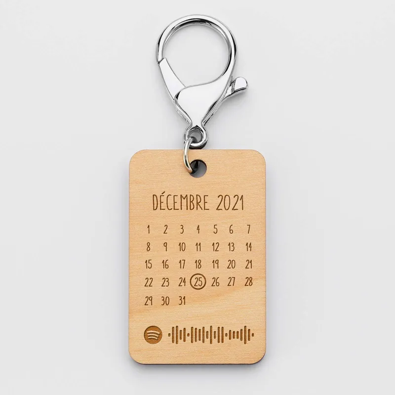 Porte-clés Spotify personnalisé calendrier médaille rectangle gravée bois 55x35 mm Nouveauté