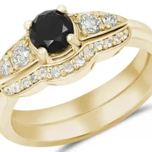 Set d'alliances Estonie diamant noir et épaulements en navette en or jaune 10k pour femme Authentique