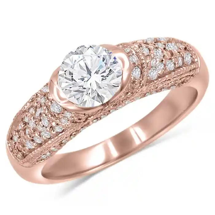 Prix Bas Bague Isadora diamant de laboratoire de .85ct serti clos et épaulements pavé de diamants avec millegrain
