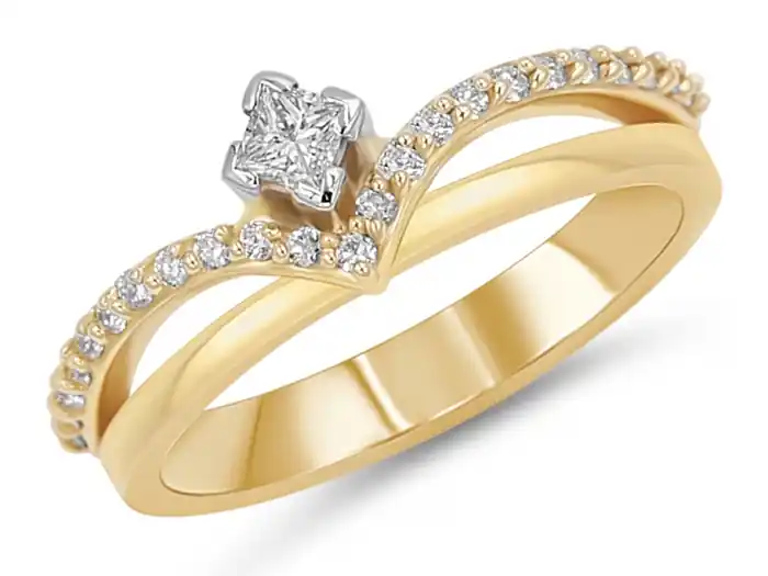 Livraison Gratuite Bague Madera solitaire diamant taille princesse chevron pavé en or jaune 14k pour femme
