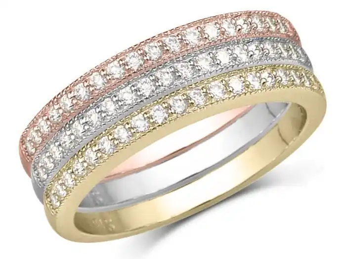 Bon Marché Gazania semi-éternité large jonc triple vintage à diamants en or 14k trois tons pour femme