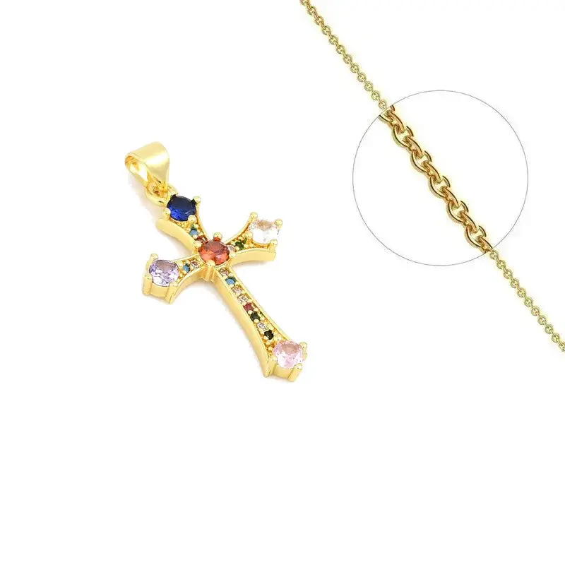 Offre Exclusive Collier doré chaîne et pendentif croix colorée zirconiums sertis