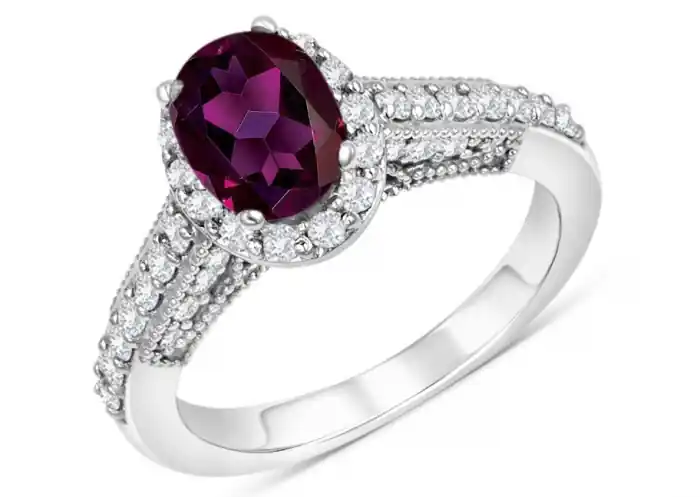 Bague Séville grenat rhodolite ovale et diamants avec millegrain vintage en or blanc 14k pour femme Expédié Aujourd’hui