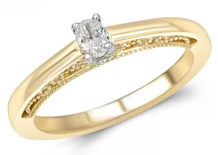 Nouvel Arrivage Bague Maïda solitaire diamant ovale design vintage profil millegrain en or jaune 14k pour femme