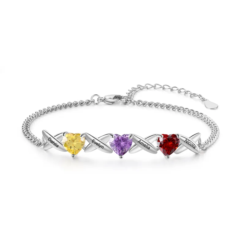 Prix Choc Bracelet Femmes 4 Prénoms Personnalisés avec 3 Pierres de Naissance
