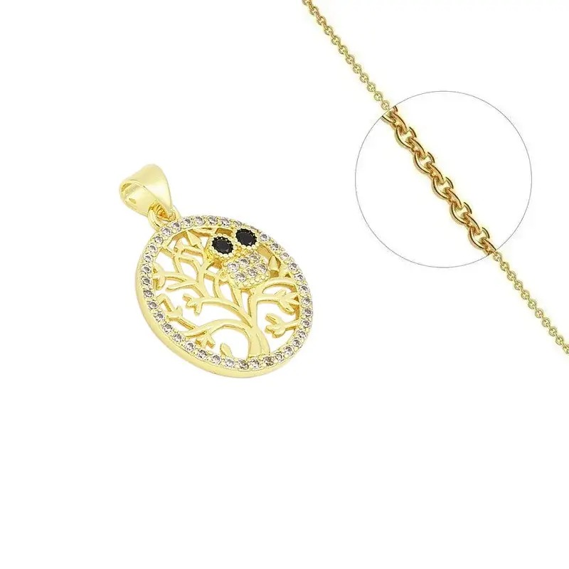 Collier doré chaîne et pendentif chouette arbre de vie zirconiums sertis Promotion Saisonnière