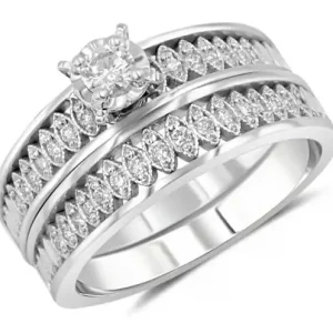 Seulement Aujourd’hui Set d'alliance Forsytia feuilles ornées de diamants et serti illusion en or blanc 14k