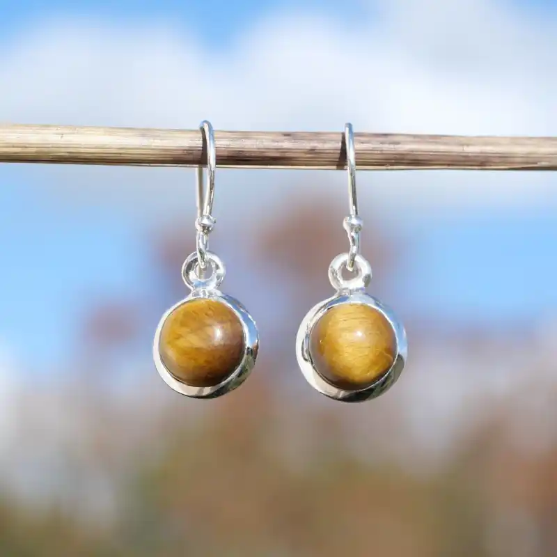 Petites boucles d'oreilles rondes Oeil de tigre et argent Bon Plan