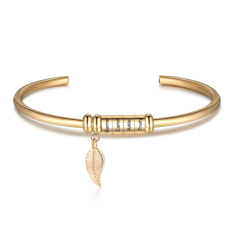 Livraison Gratuite Bracelet jonc breloque feuille 4 prénom personnalisé