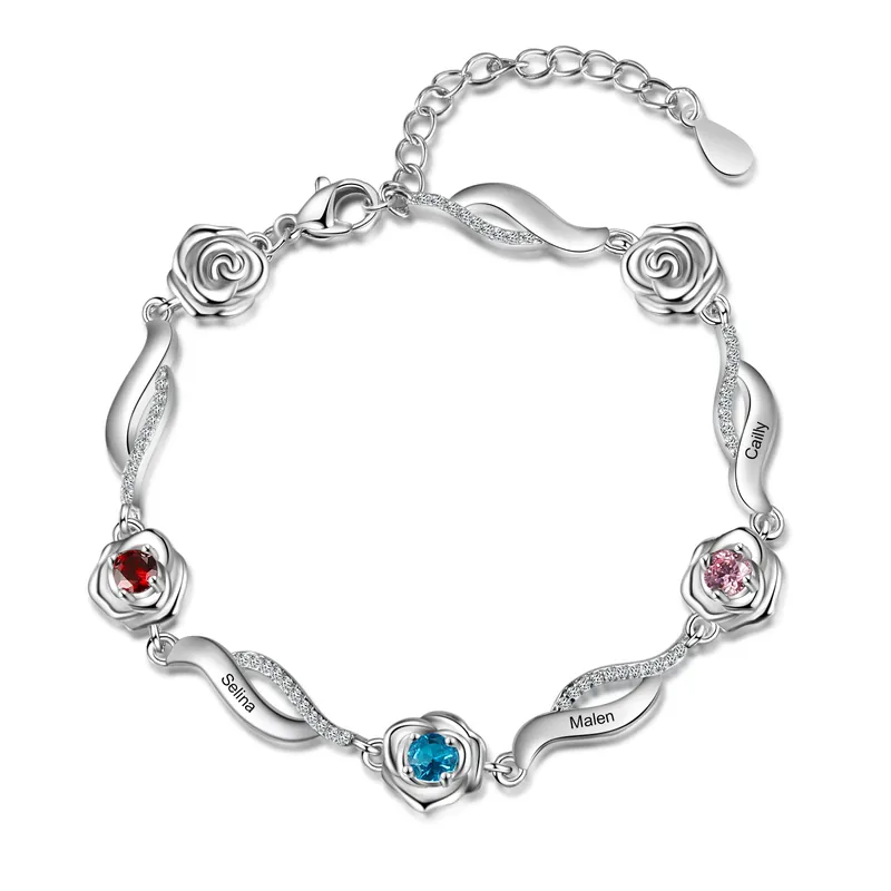 Haute Qualité Bracelet Roses 3 Prénom Personnalisé avec 3 Pierre de Naissance