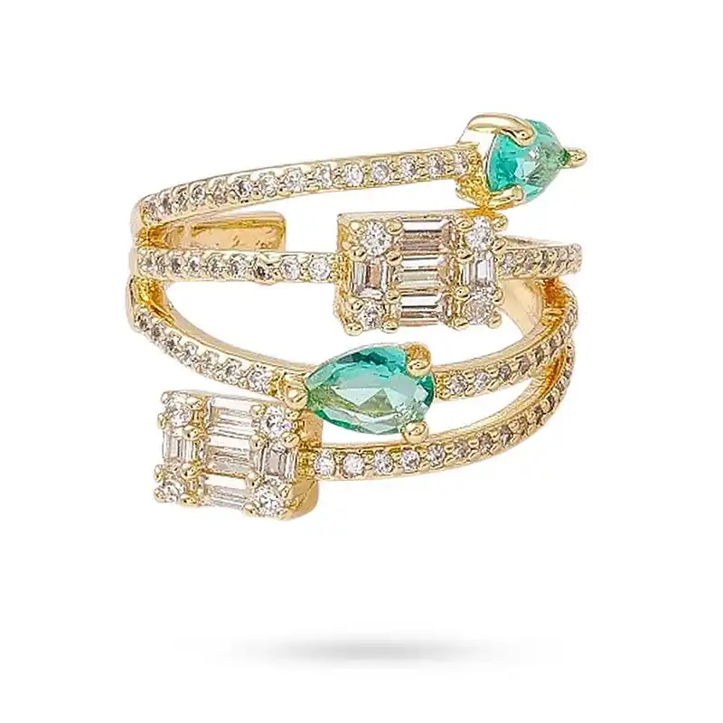 Bague femme réglable larme avec zirconiums blanc et vert sertis Livraison Gratuite