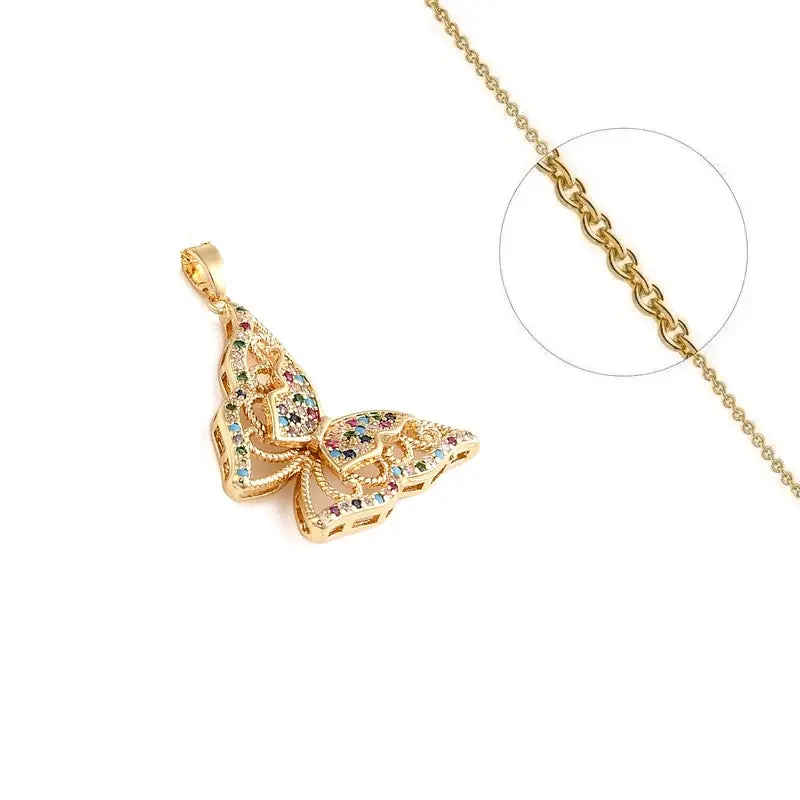 Bon Marché Collier chaîne et pendentif papillon avec des zirconiums en couleurs sertis